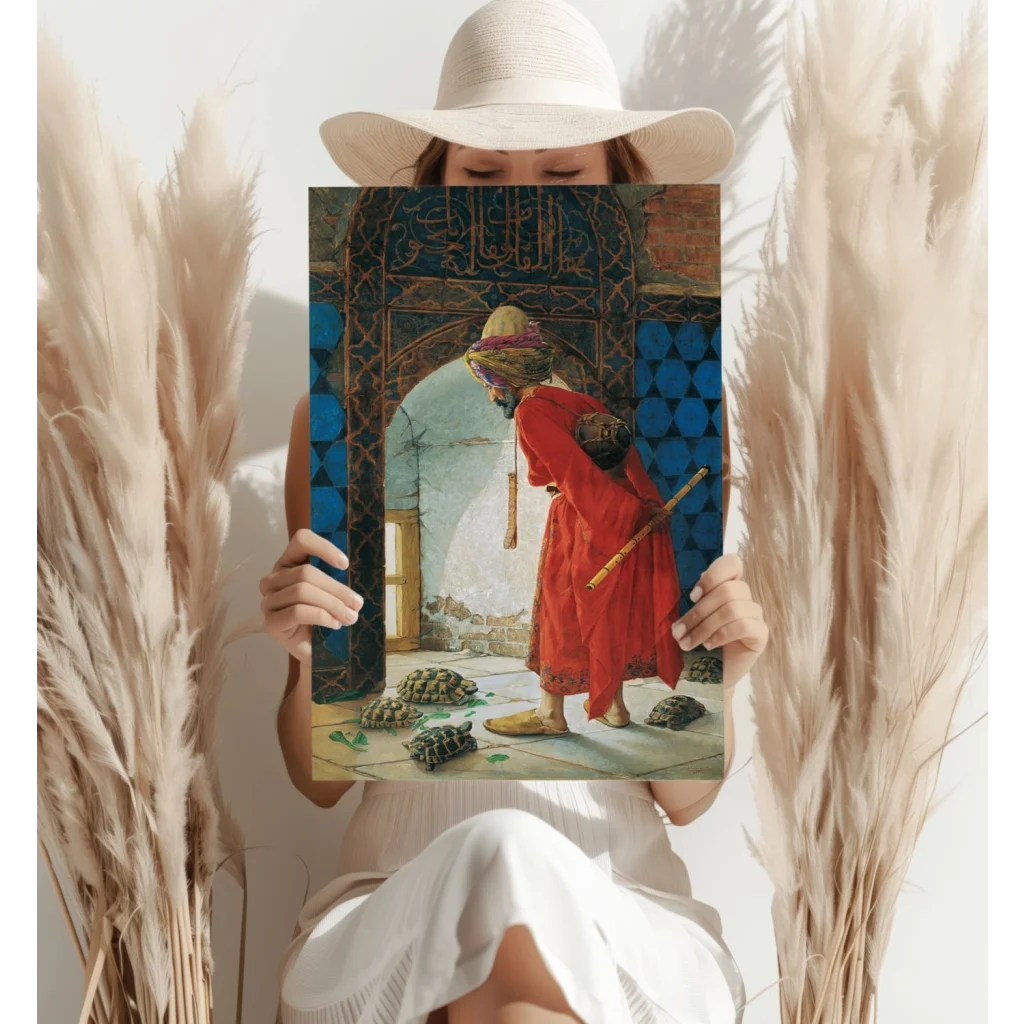 Vibrant red robed figure before ornate doorway on insigne aluminum print