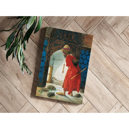Stunning red robed figure in insigne aluminum print with turtles