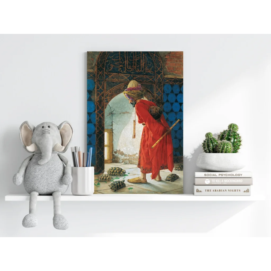 Vibrant red-robed figure insigne aluminum print with blue archway and tortoises