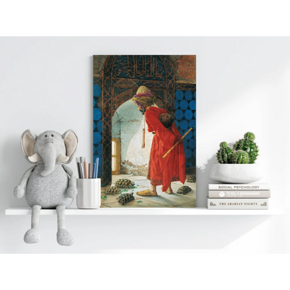 Vibrant red-robed figure insigne aluminum print with blue archway and tortoises