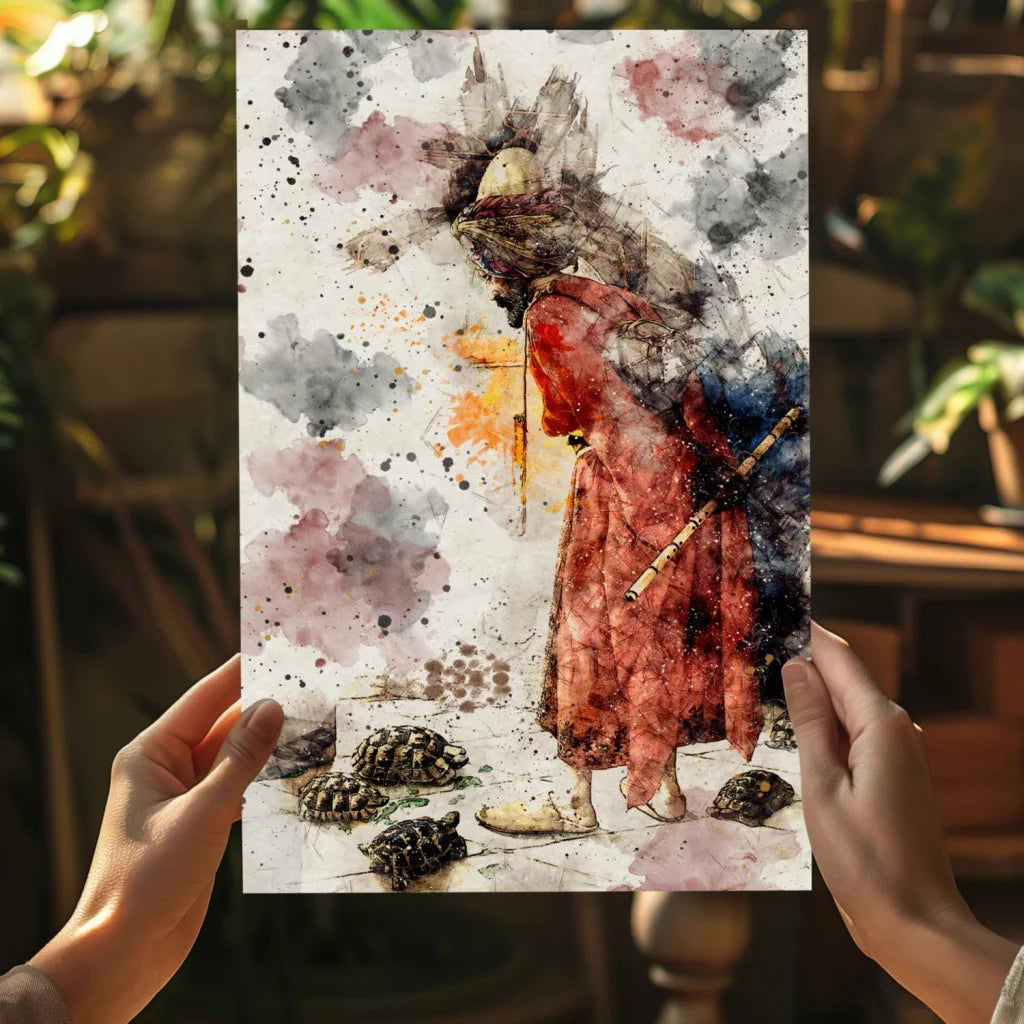 Mystical turtle watercolor on insigne aluminum print with red-robed figure