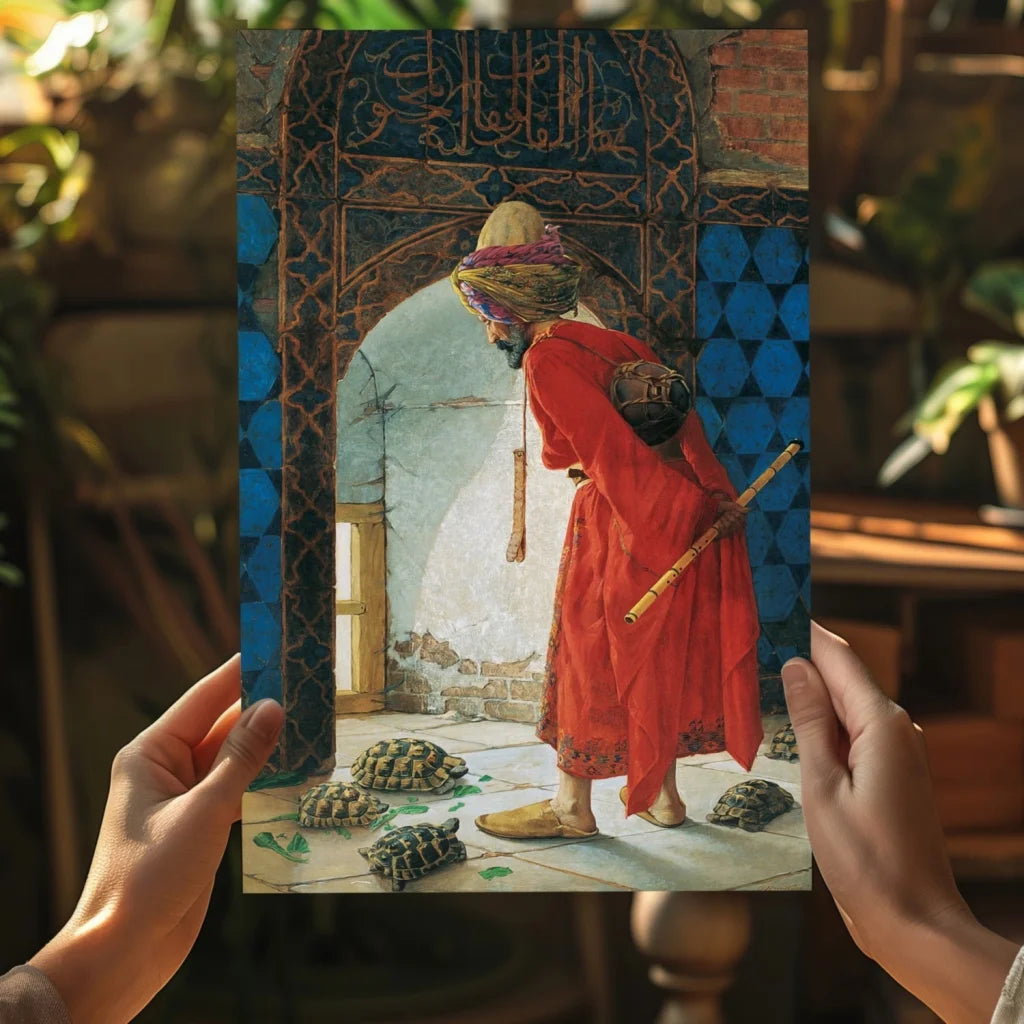 Vibrant red robed figure in insigne aluminum print with turtles and tiles