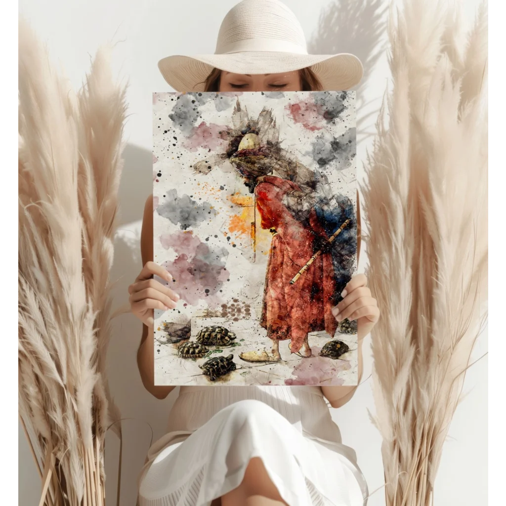 Mystical turtle watercolor on insigne aluminum prints, red-robed flutist with turtles