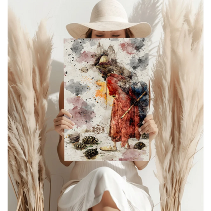 Mystical turtle watercolor on insigne aluminum prints, red-robed flutist with turtles