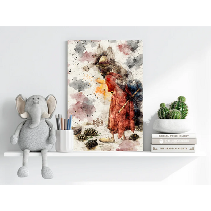 Mystical turtle watercolor on insigne aluminum prints, red-robed figure with staff