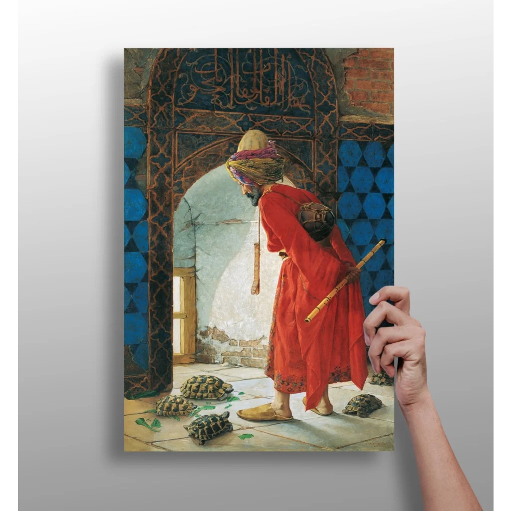 Vibrant red robed figure in turban with staff before blue archway on insigne aluminum print