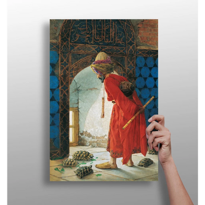 Vibrant red robed figure in turban with staff before blue archway on insigne aluminum print