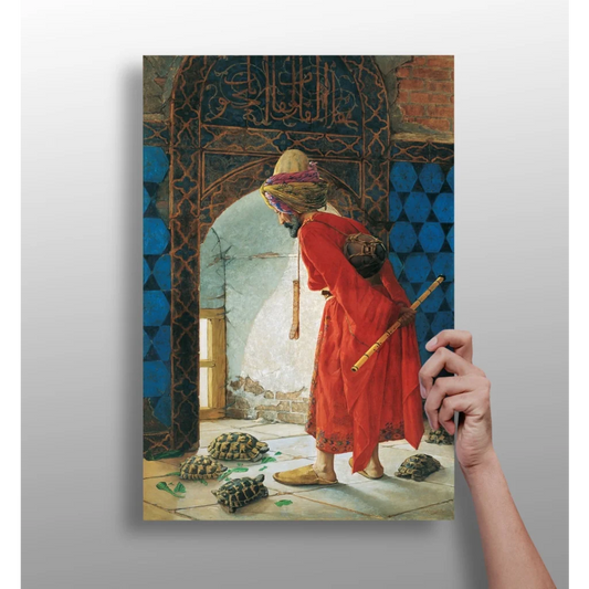 Vibrant red robed figure in turban with staff before blue archway on insigne aluminum print