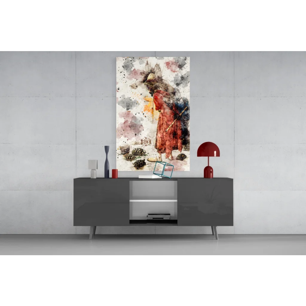 Abstract red-robed figure in watercolor glass wall art with pink, gray, black splatters