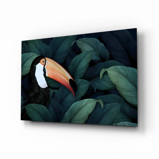 Vibrant toucan wall art canvas with bold orange beak and green foliage