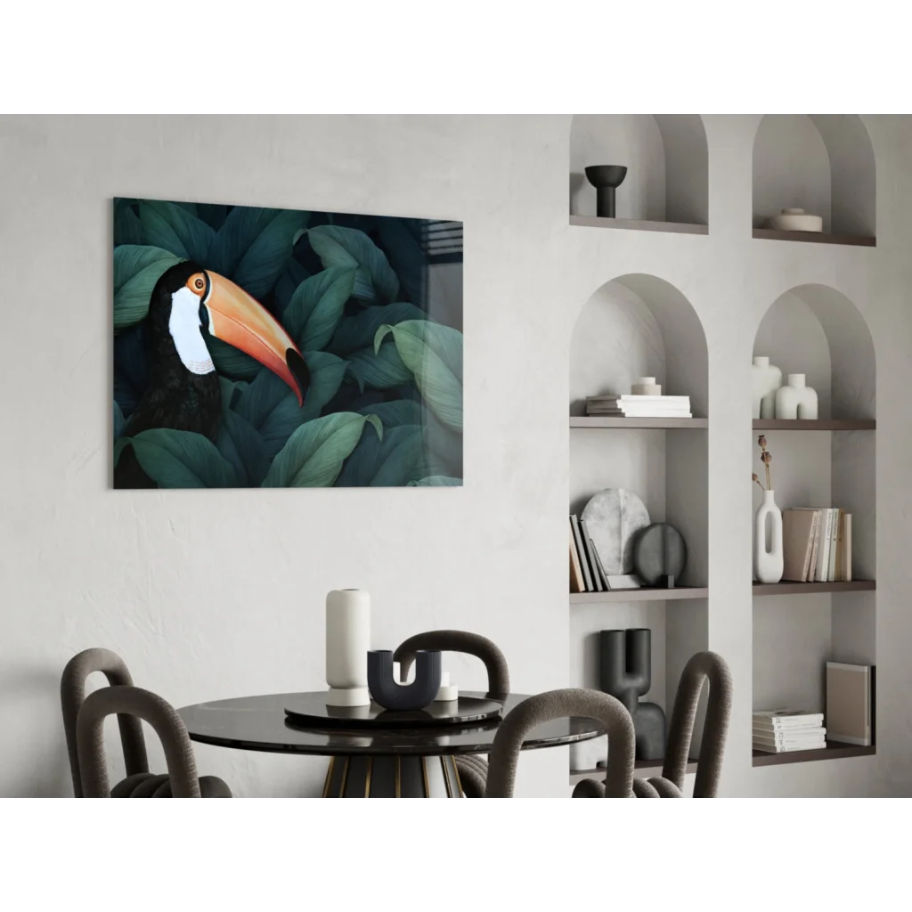 Vibrant toucan wall art canvas with bold orange beak and lush green foliage