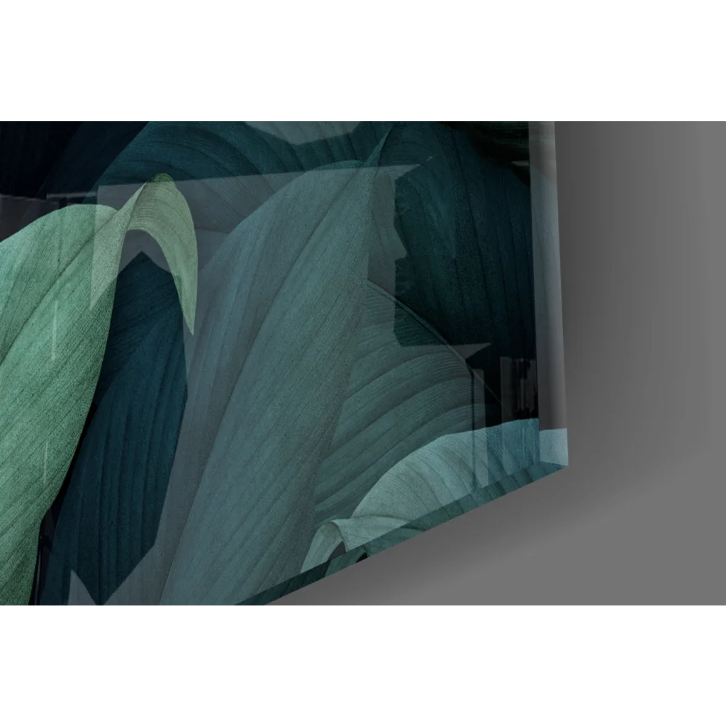 Tropical toucan glass wall art with teal green leaves and orange beak