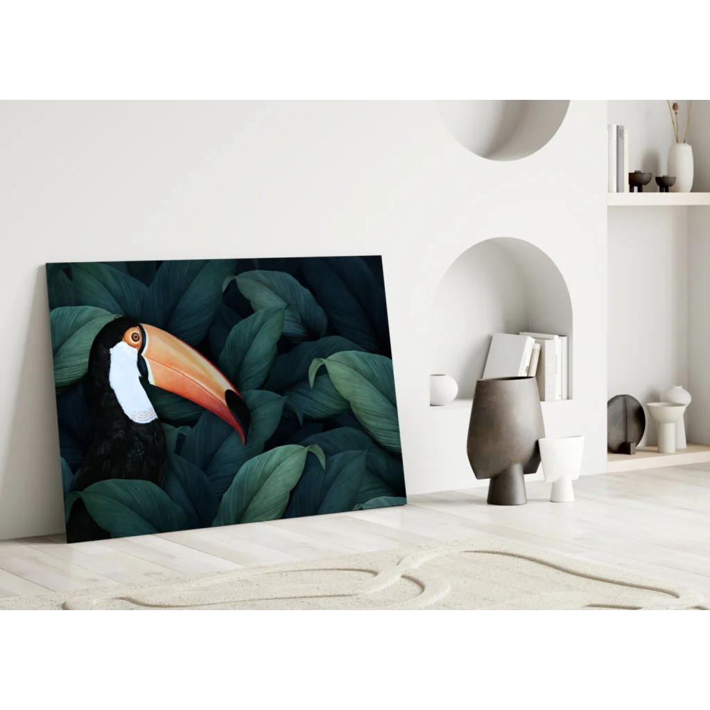 Vibrant toucan wall art canvas with bold orange beak in lush green foliage