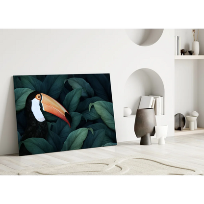 Vibrant toucan wall art canvas with bold orange beak in lush green foliage