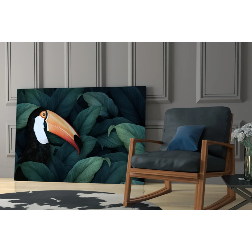 Vibrant toucan wall art with bold orange beak on lush green foliage