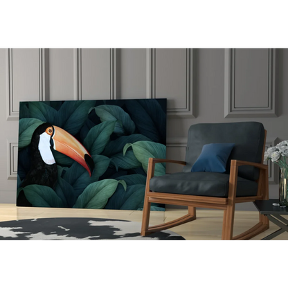 Vibrant toucan wall art with bold orange beak on lush green foliage