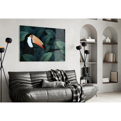 Vibrant toucan wall art with bold orange beak on lush green foliage