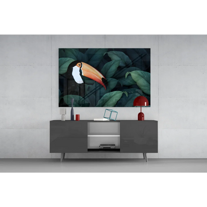 Vibrant toucan wall art with bold orange beak on lush green foliage