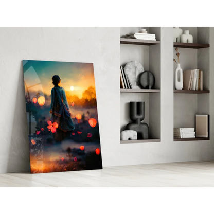 Vibrant twilight canvas wall art with figure in blue attire and glowing orange lanterns