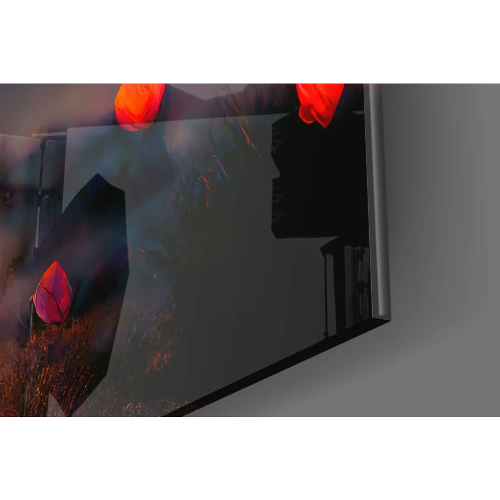 Sleek modern TV in thin silver frame showing vibrant red pink floral wall art on dark background