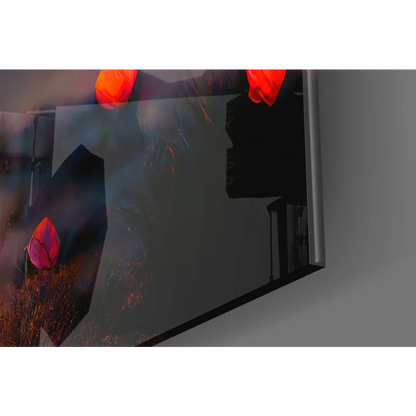 Sleek modern TV in thin silver frame showing vibrant red pink floral wall art on dark background