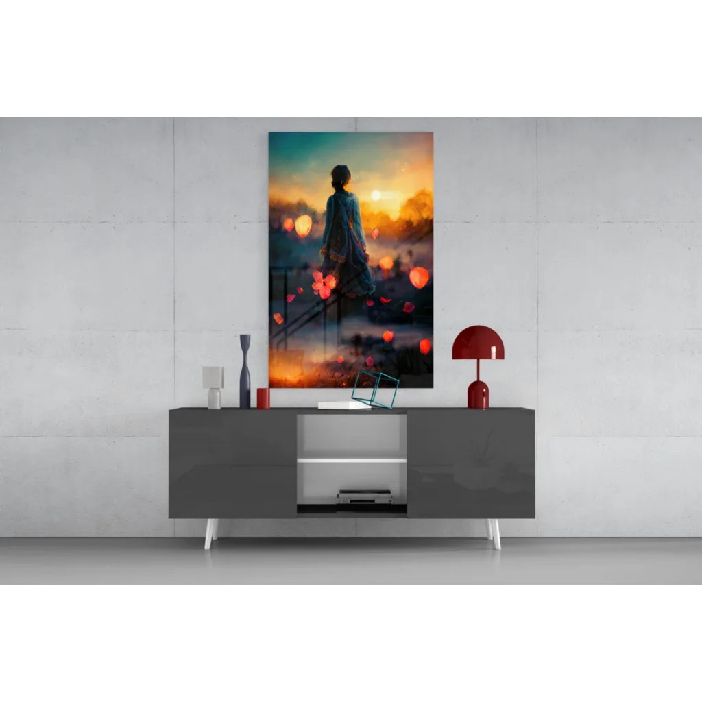 Silhouette before glowing lanterns in orange teal sunset wall art