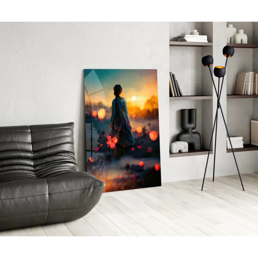Figure in blue attire with glowing orange lanterns at sunset, twilight wall art canvas