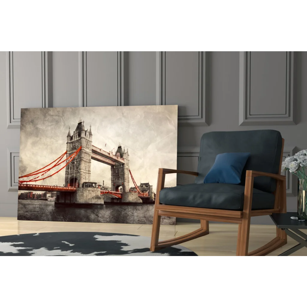 Sepia-toned Tower Bridge canvas wall art with red cables on textured surface