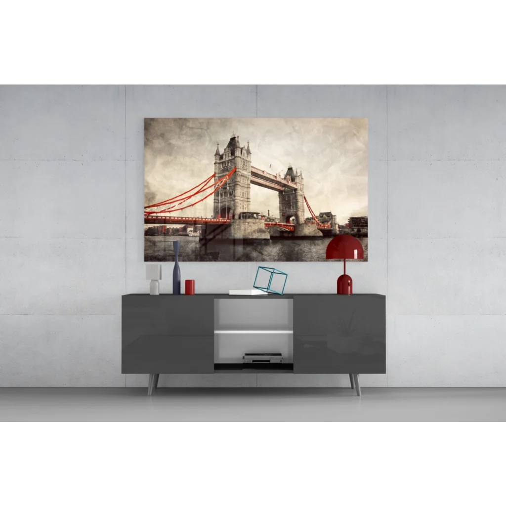 Modern gray console table with red dome lamp and Tower Bridge wall art