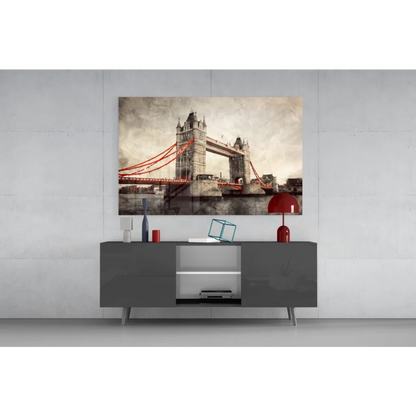 Modern gray console table with red dome lamp and Tower Bridge wall art