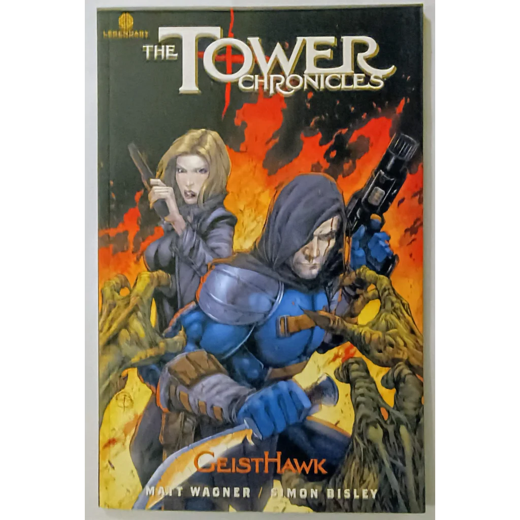 Tower Chronicles SC graphic novel cover: hooded hero in blue armor battles apocalypse