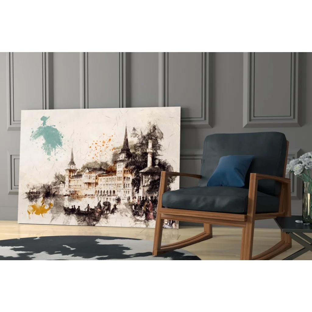 Modern abstract cityscape glass wall art with teal, gold, black splashes