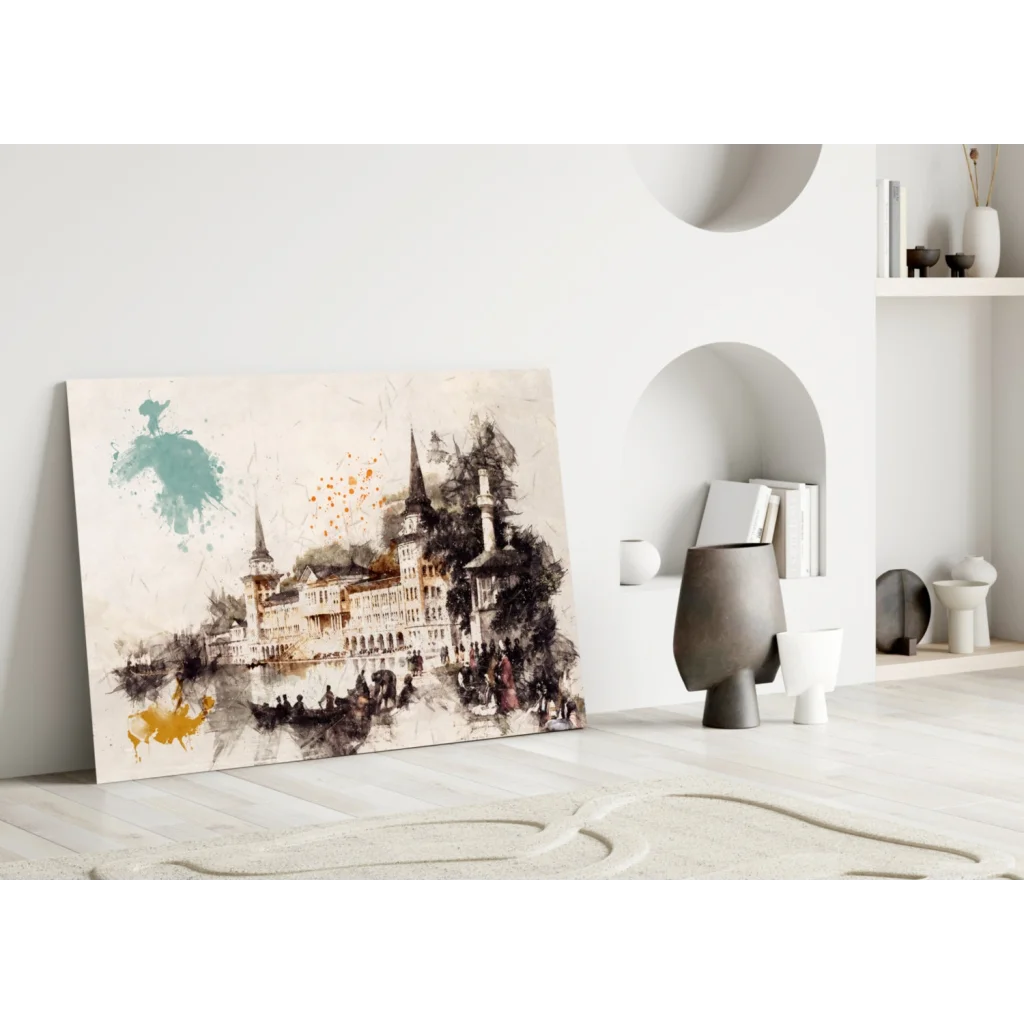 European castle watercolor on glass wall art with gold accents