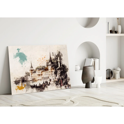 European castle watercolor on glass wall art with gold accents
