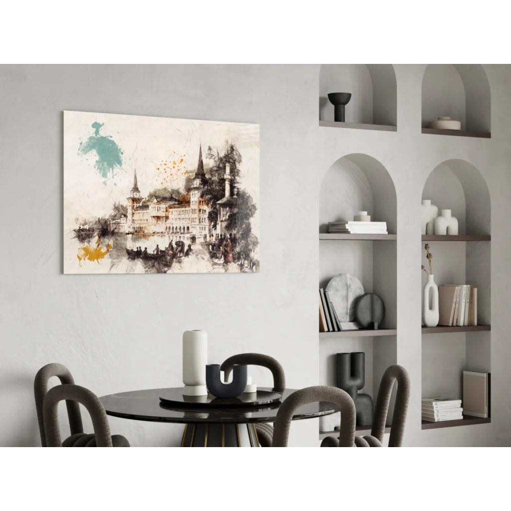 European castle watercolor glass wall art with gold accents