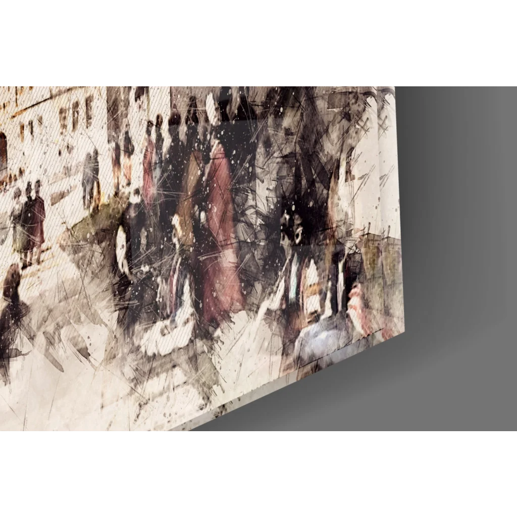 European castle glass wall art with abstract watercolor figures