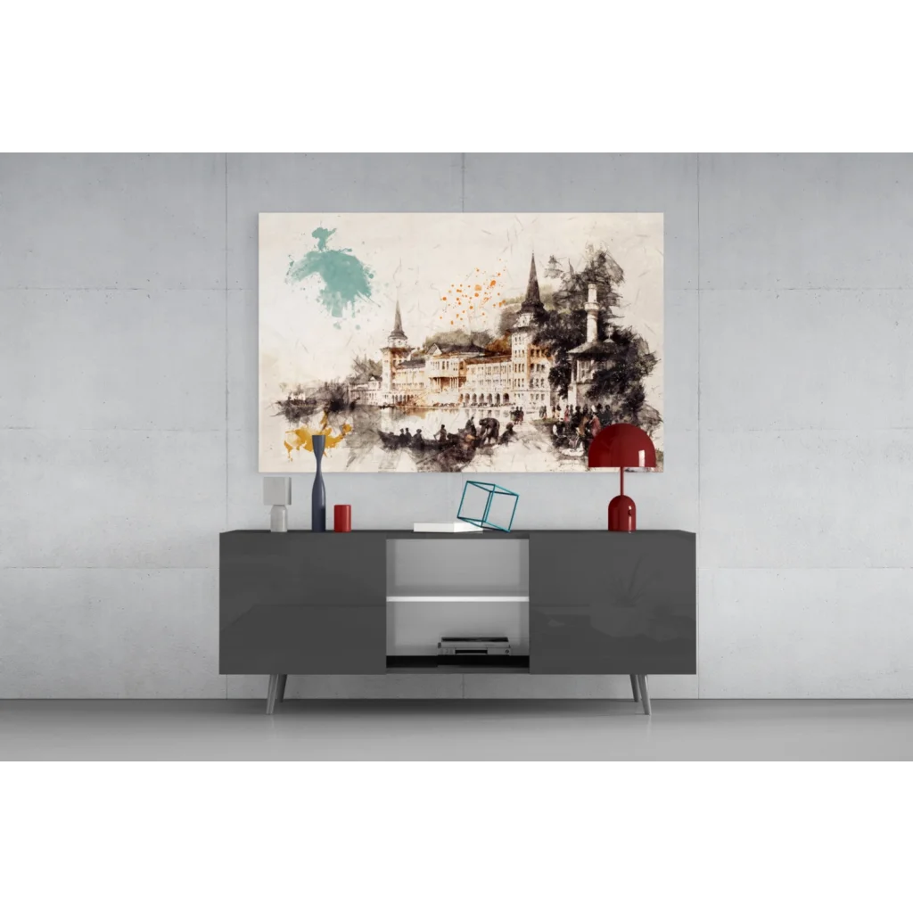 Modern gray console table with sleek legs and open shelving under European Castle glass wall art