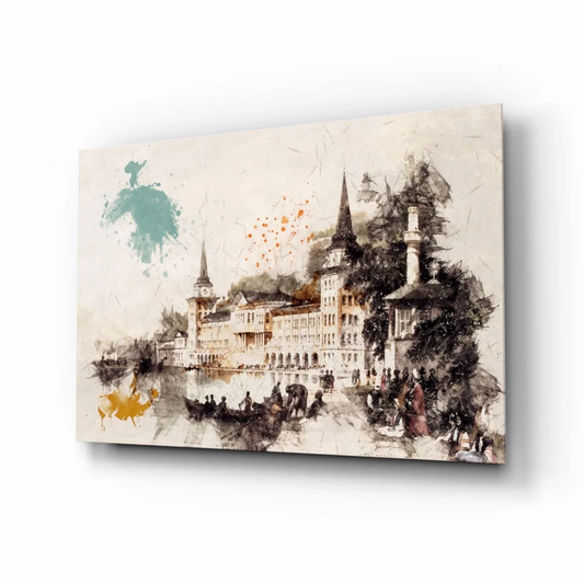 European castle watercolor glass wall art with gold accents