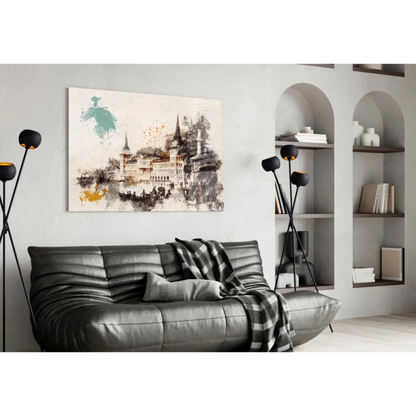 Modern gray leather sofa with plaid blanket and glass wall art