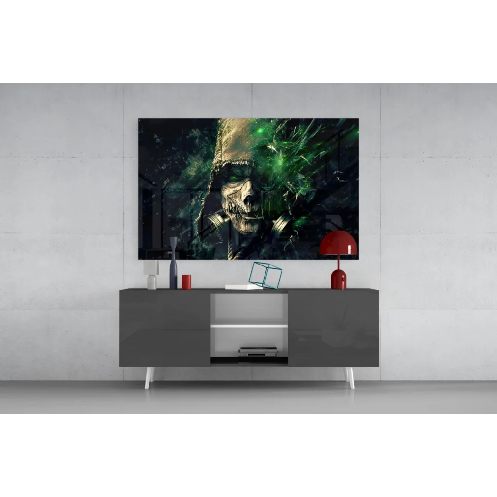 Samsung QLED TV with Toxic Skull Gas Mask wall art in green gold black