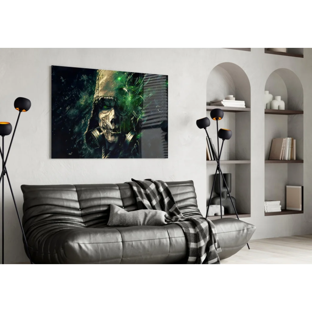 Toxic Skull Gas Mask wall art over black leather couch with checkered blanket