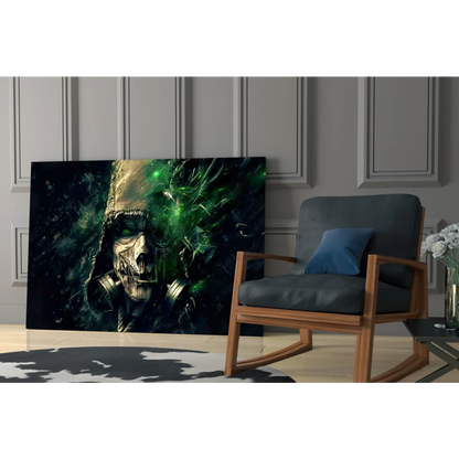 Green skull gas mask wall art poster with black background and gold accents
