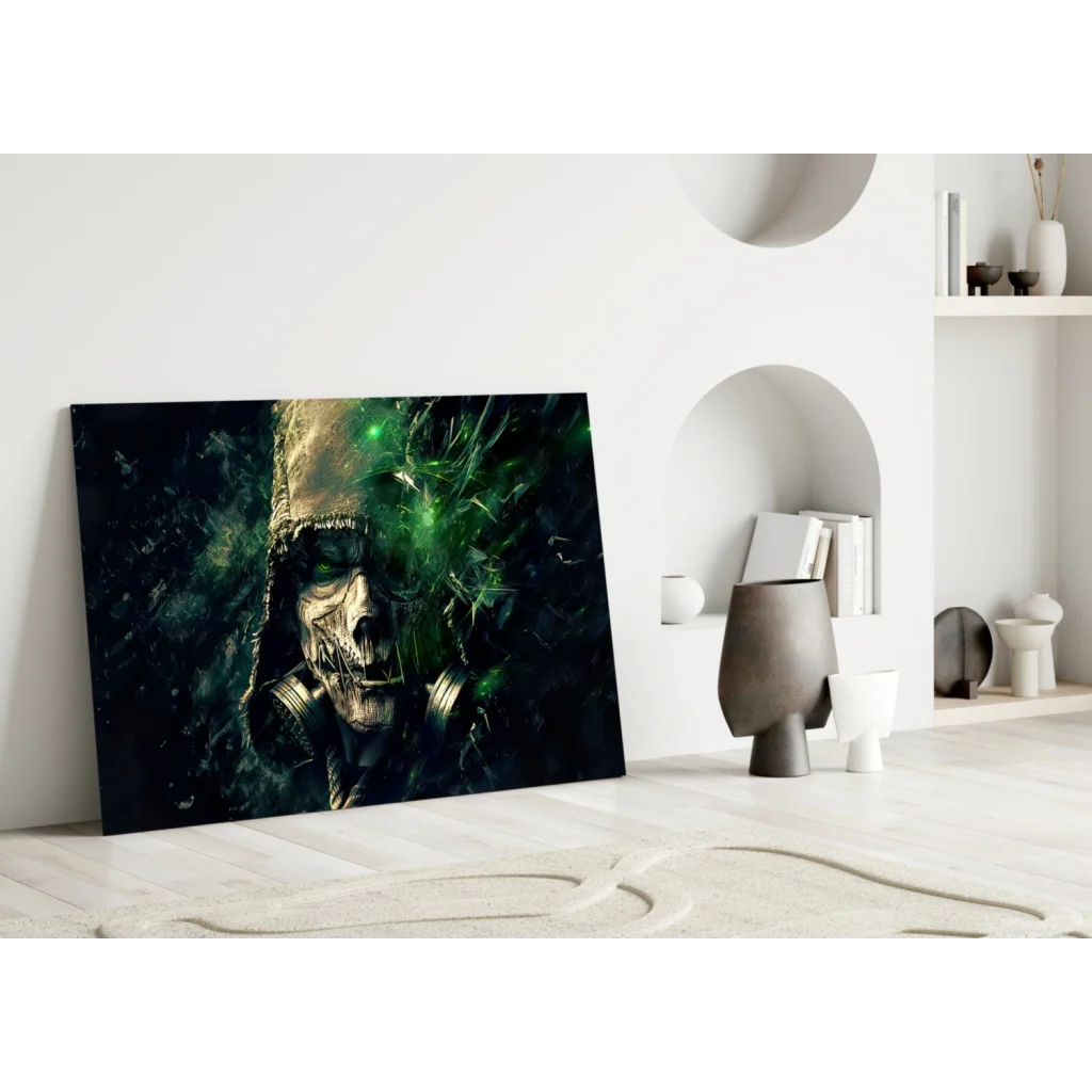 Green Toxic Skull Gas Mask wall art canvas in black gold accents