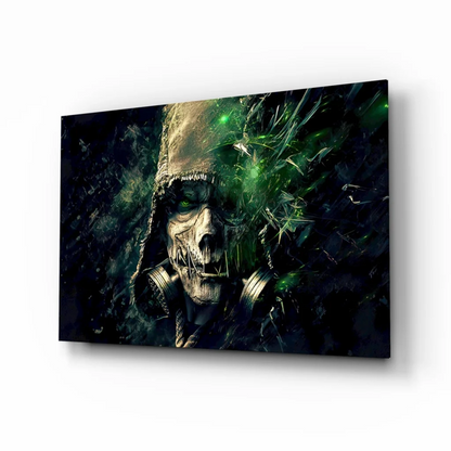 Toxic gold skull with green eyes and gas mask glass wall art
