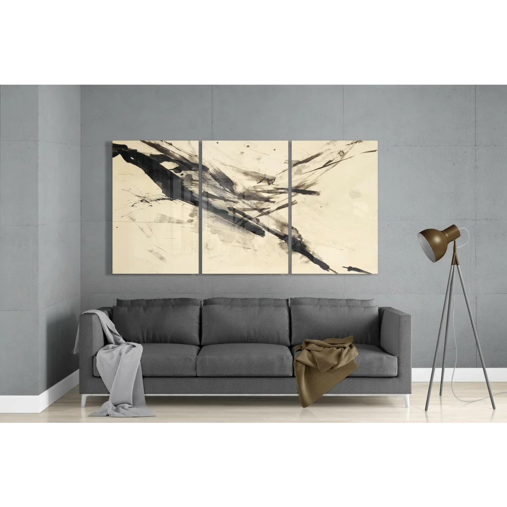 Bold black brushstrokes on creamy off-white glass wall art triptych set