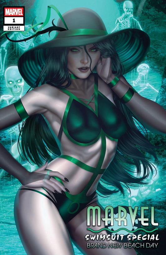 Woman in green and black swimsuit wearing wide-brimmed hat surrounded by glowing skeletal figures in teal underwater setting.