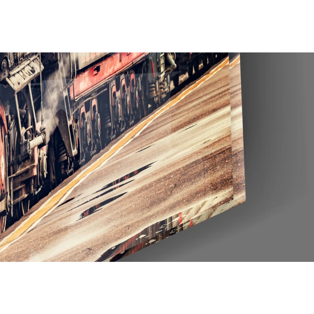 Vintage steam locomotive wall art print on glass wall