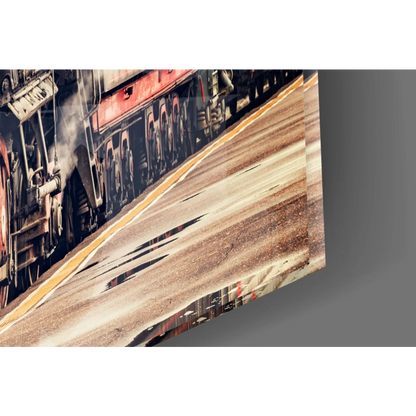 Vintage steam locomotive wall art print on glass wall