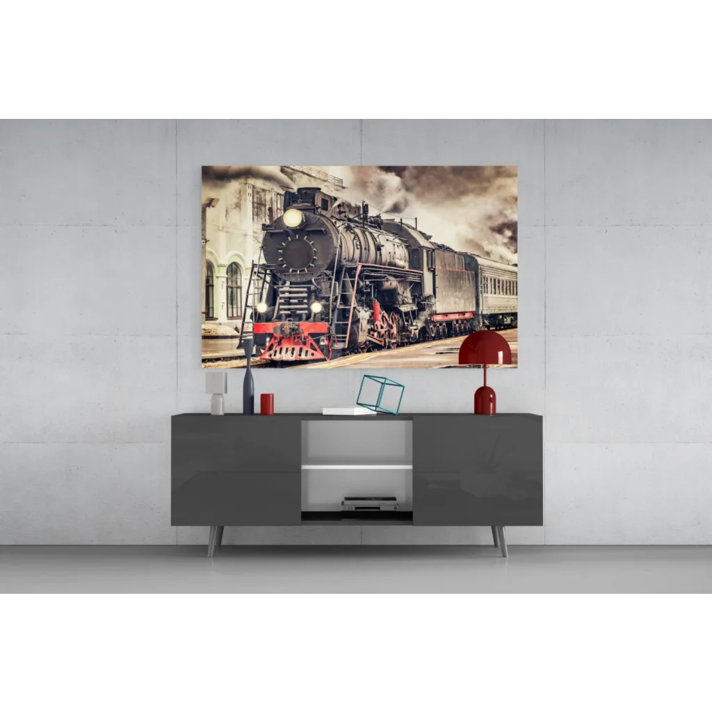 Vintage steam locomotive on black red canvas wall art print
