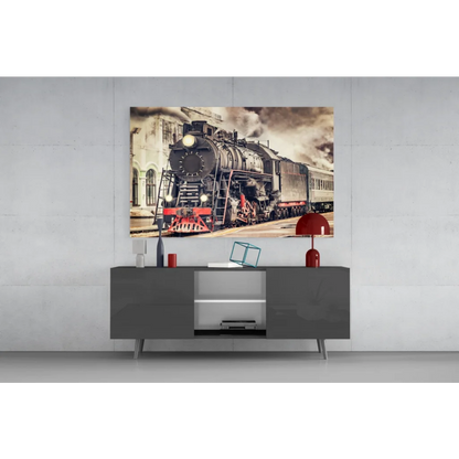 Vintage steam locomotive on black red canvas wall art print
